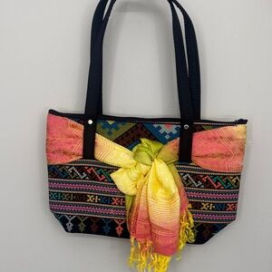 Handwoven Multicolor Tote Bag with Yellow-Pink Scarf